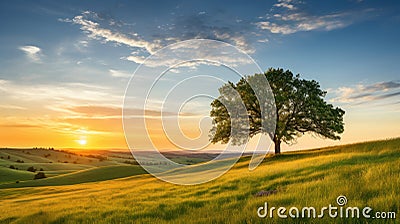 A peaceful countryside with a golden sunset, a lone tree Stock Photo