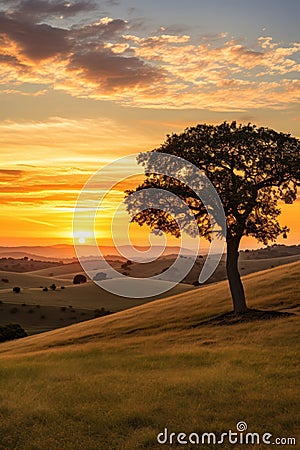 A peaceful countryside with a golden sunset, a lone tree Stock Photo