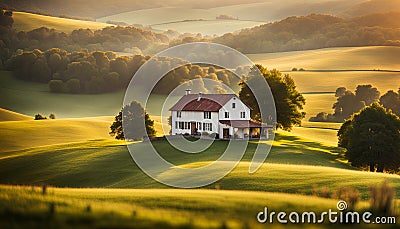 A peaceful countryside with rolling hills and a farmhouse Stock Photo