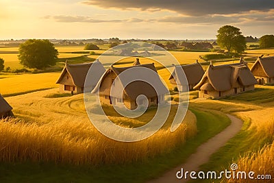 A peaceful countryside village with thatched-roof houses and fields of golden wheat generated by Ai Stock Photo