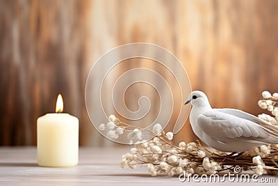 A peaceful dove beside a burning candle with a soft, tranquil backdrop Stock Photo