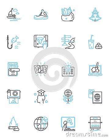 Peaceful escape linear icons set. Serenity, Tranquility, Calmness, Relaxation, Solitude, Sanctuary, Retreat line vector Vector Illustration