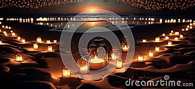 Peaceful evening on the beach with fairy lights and decorative candles Generative AI Stock Photo