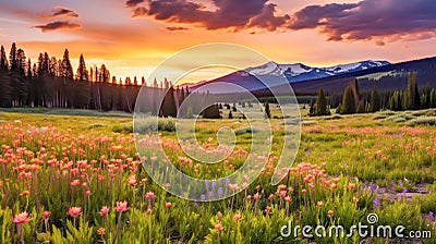 Peaceful evening landscape of calming sunset over a wildflower meadow in the Rocky Mountains Stock Photo