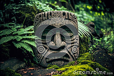 peaceful face of indian god stone tiki mask on ground in forest Stock Photo
