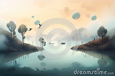 peaceful float in surreal landscape with mist and birds flying by Stock Photo
