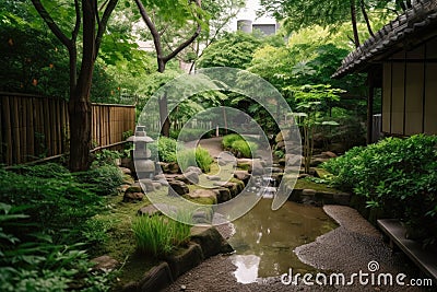 peaceful garden with running water and sound of trickling water Stock Photo