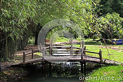 Peaceful garden with wooden bridges in countryside of Thailand Editorial Stock Photo