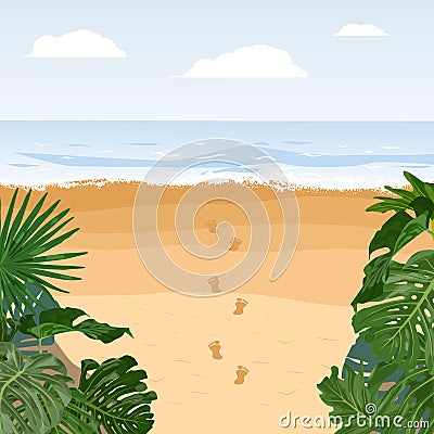 Peaceful island Travel, summer vacation.Beach sand footprint. Stock Photo