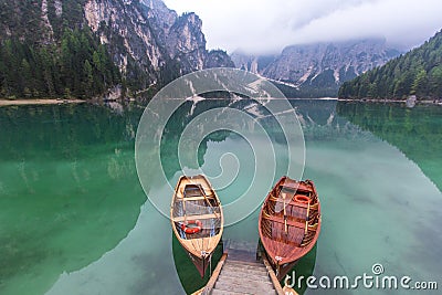 Peaceful lake scene at Lago di Braies. Stock Photo