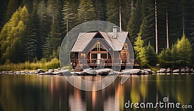 A peaceful lakeside cabin in the woods Stock Photo