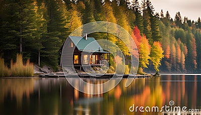 A peaceful lakeside cabin in the woods Stock Photo