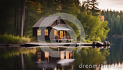 A peaceful lakeside cabin in the woods Stock Photo