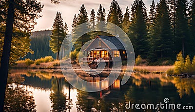 A peaceful lakeside cabin in the woods Stock Photo