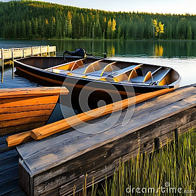 A peaceful lakeside dock with a rowboat and fishing gear1, Generative AI Stock Photo