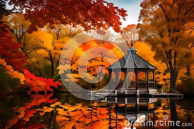 A peaceful lakeside gazebo with a view of the water, surrounded by vibrant autumn foliage and chirping birds Stock Photo