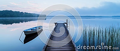 A Peaceful Lakeside Scene Featuring A Serene Dock And A Lone Boat Stock Photo