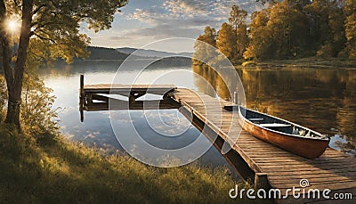 A peaceful lakeside scene with a wooden dock and a rowboat Stock Photo