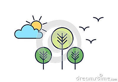Peaceful landscape with trees, sun, cloud and birds. Scenery with park or forest. Environment protection, ecology Vector Illustration