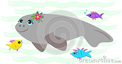 Peaceful Manatee with Friendly Fish Vector Illustration