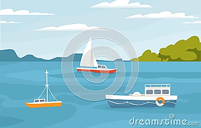 Peaceful marine landscape with sailboats, ships floating in sea. Passenger sail boats, yachts in ocean. Colored flat Vector Illustration