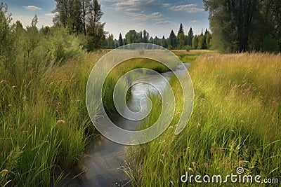 peaceful meadow of tall grasses with a trickling stream in the background Stock Photo