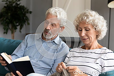 Retired family couple enjoying hobby time at home. Stock Photo