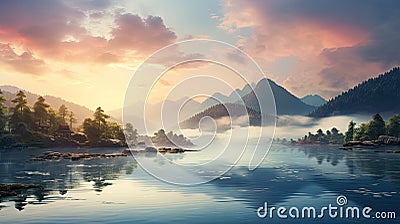 Peaceful mountain retreat at sunrise or sunset, misty hills, soft glowing light, tranquil lake Stock Photo