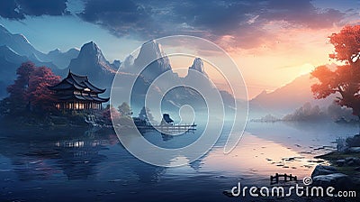 Peaceful mountain retreat at sunrise or sunset, misty hills, soft glowing light, tranquil lake Stock Photo