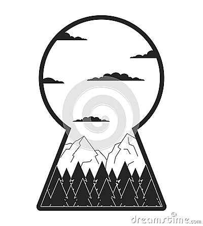 Peaceful mountains in keyhole shape black and white 2D illustration concept Vector Illustration