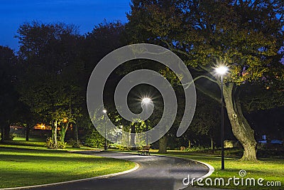 Peaceful Park in the Night with Street Lights, Trees, Green Grass and Pathway. Stock Photo