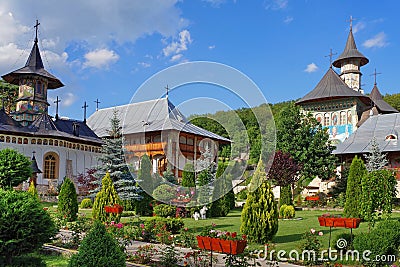 Spring landscape. Orthodox church - Monastery Bujoreni, landmark attraction in Romania Stock Photo