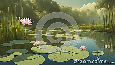 A peaceful pond surrounded by reeds and water lilies, with dragonflies hovering Stock Photo