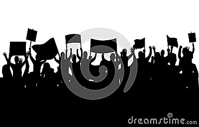 Peaceful protest and revolution. Silhouette of riot protesting crowd demonstrators with banners and flags. People on the Vector Illustration