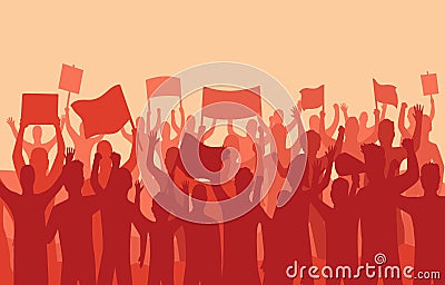 Peaceful protest and revolution. Silhouette of riot protesting crowd demonstrators with banners and flags. People on the Vector Illustration