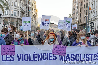 Peaceful protest in the square in valencia against femicide Editorial Stock Photo