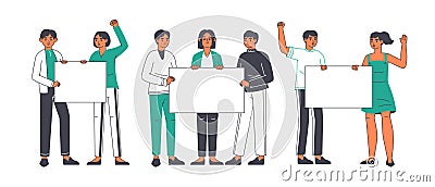 Peaceful protesters, activists people holding placards. Political rally, manifestation or protest march activists group flat Vector Illustration