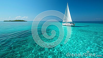 A peaceful sailboat excursion on crystal-clear waters, with distant islands on the horizon. Stock Photo