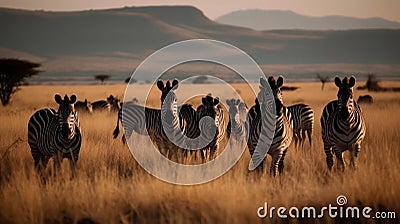 A group of zebras grazing in the grassland created with Generative AI Stock Photo