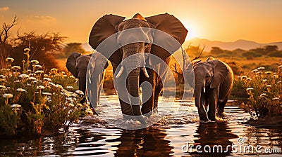A peaceful scene of a family of elephants drinking from a river Stock Photo