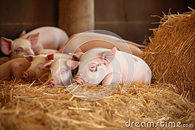 peaceful scene with a mother piglet lying next to her sleeping babies Stock Photo