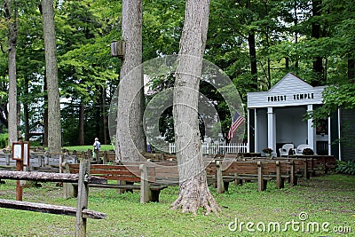 Large outdoor clearing with benches and temple for worship, Lily Dale Assembly, Pomfret, New York, 2018 Editorial Stock Photo