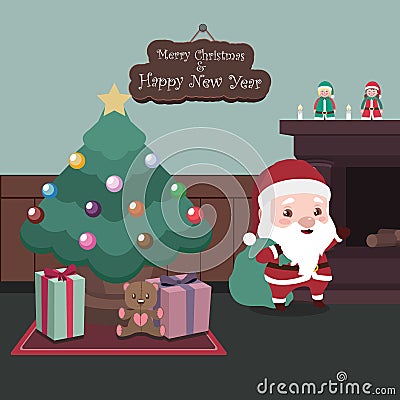 Peaceful scene with Santa and Christmas tree Vector Illustration