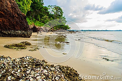 Peaceful seascape view with fisherman village on the beach Stock Photo