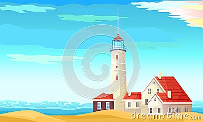 Peaceful seaside landscape with white lighthouse on shore and building for lighthouse keeper Vector Illustration