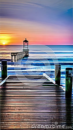 Peaceful Seaside Pier at Sunset illustration Artificial Intelligence artwork generated Cartoon Illustration