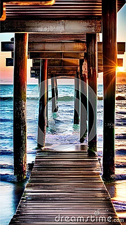 Peaceful Seaside Pier at Sunset illustration Artificial Intelligence artwork generated Cartoon Illustration