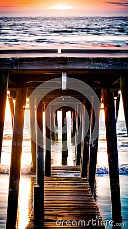 Peaceful Seaside Pier at Sunset illustration Artificial Intelligence artwork generated Cartoon Illustration