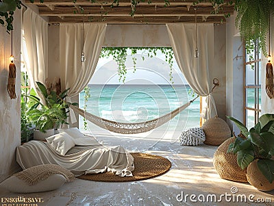 Peaceful seaside retreat with breezy curtains and a hammock3D render Stock Photo