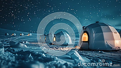 The peaceful and serene atmosphere of a snowy landscape with a row of igloos lining the horizon each with their own Stock Photo
